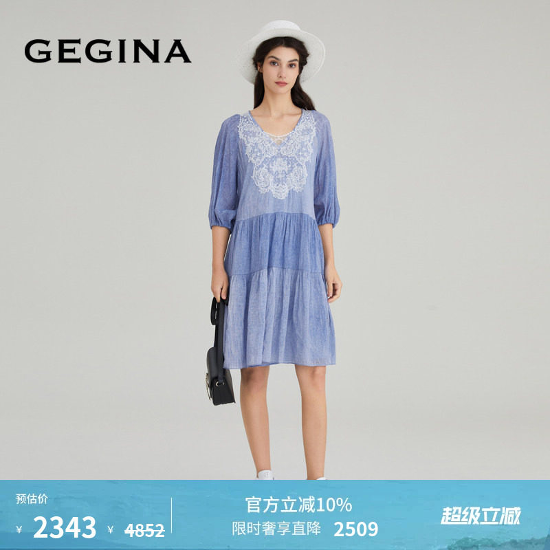GEGINA吉吉娜女装春夏商场同款蕾丝拼接连衣裙宽松中长娃娃裙子
