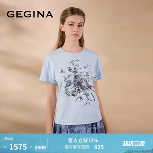 GEGINA吉吉娜新品 凤凰花印花短袖 全棉T恤古典气质上衣 纯棉