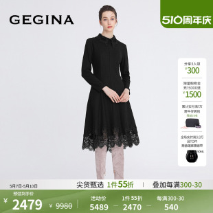 显瘦长袖 蕾丝 GEGINA吉吉娜黑色纯羊毛连衣裙女中长款 绣花女裙