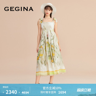 GEGINA吉吉娜商场同款 水仙彩墨画吊带连衣裙印花裙子 纯亚麻
