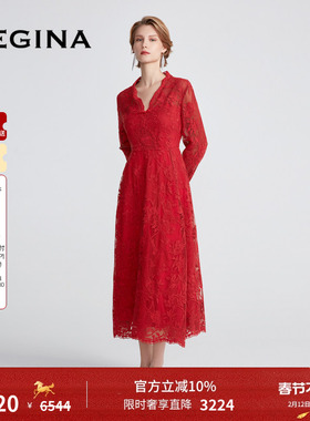 GEGINA吉吉娜红色镂空蕾丝连衣裙长袖V领高端气质长裙商场同款