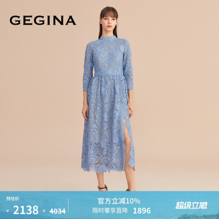 GEGINA吉吉娜新款 蓝色绣花蕾丝连衣裙女气质中长款 女裙子 蕾丝