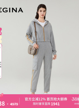 GEGINA吉吉娜女装春夏新品松紧腰休闲裤灰色舒适时尚运动裤子