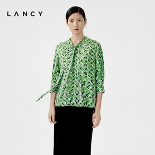 [朗姿奥莱]LANCY/朗姿2024夏季新款法式真丝印花飘带衬衫女翠绿色