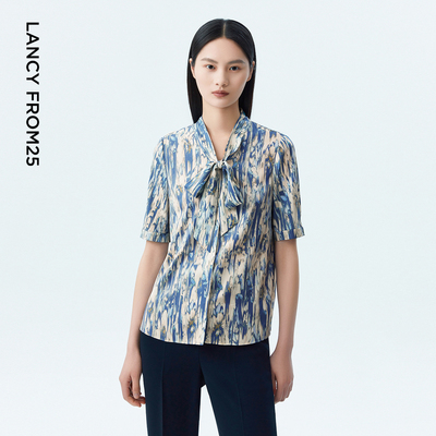 LANCY/朗姿2023秋季新款飘带衬衫女短袖印花显瘦高级感通勤衬衣