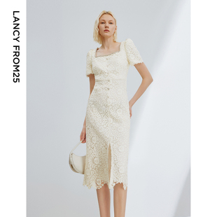 设计感连衣裙女 新款 朗姿法式 气质方领高级感蕾丝礼服裙2024年夏季