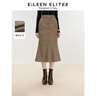 复古千鸟格微鱼尾型半身裙 新款 朗姿欧洲EiLEEN ELITEE2024年冬季