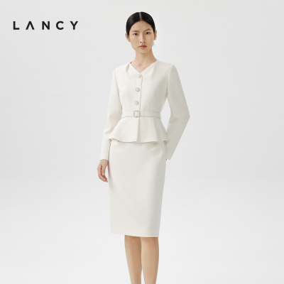 [朗姿奥莱]LANCY/朗姿2024春季新款职业通勤醋酸连衣裙女气质拼接