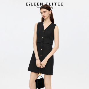 V领收腰短款 拼接无袖 连衣裙子 ELITEE2025年秋新款 朗姿欧洲EiLEEN