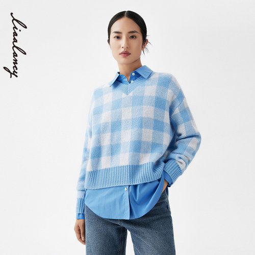 格纹图案 V领领型 落肩设计