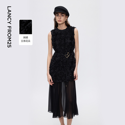 【焦点系列】朗姿重工刺绣立体花拼接连衣裙轻礼服2025冬季新款女