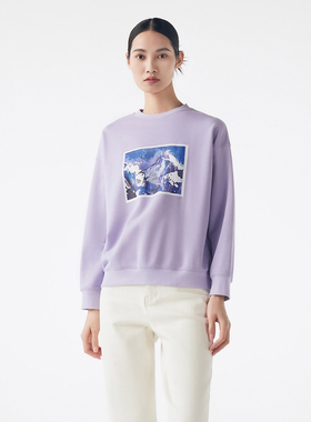 LANCY/朗姿2023秋冬新款紫色无帽圆领卫衣宽松薄款印花上衣女气质