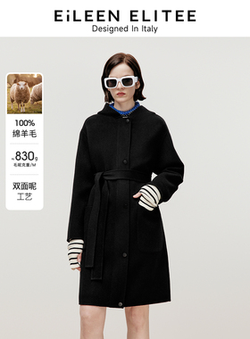 [朗姿奥莱]朗姿欧洲EiLEEN ELITEE2024冬季新款复古连帽大衣纯羊
