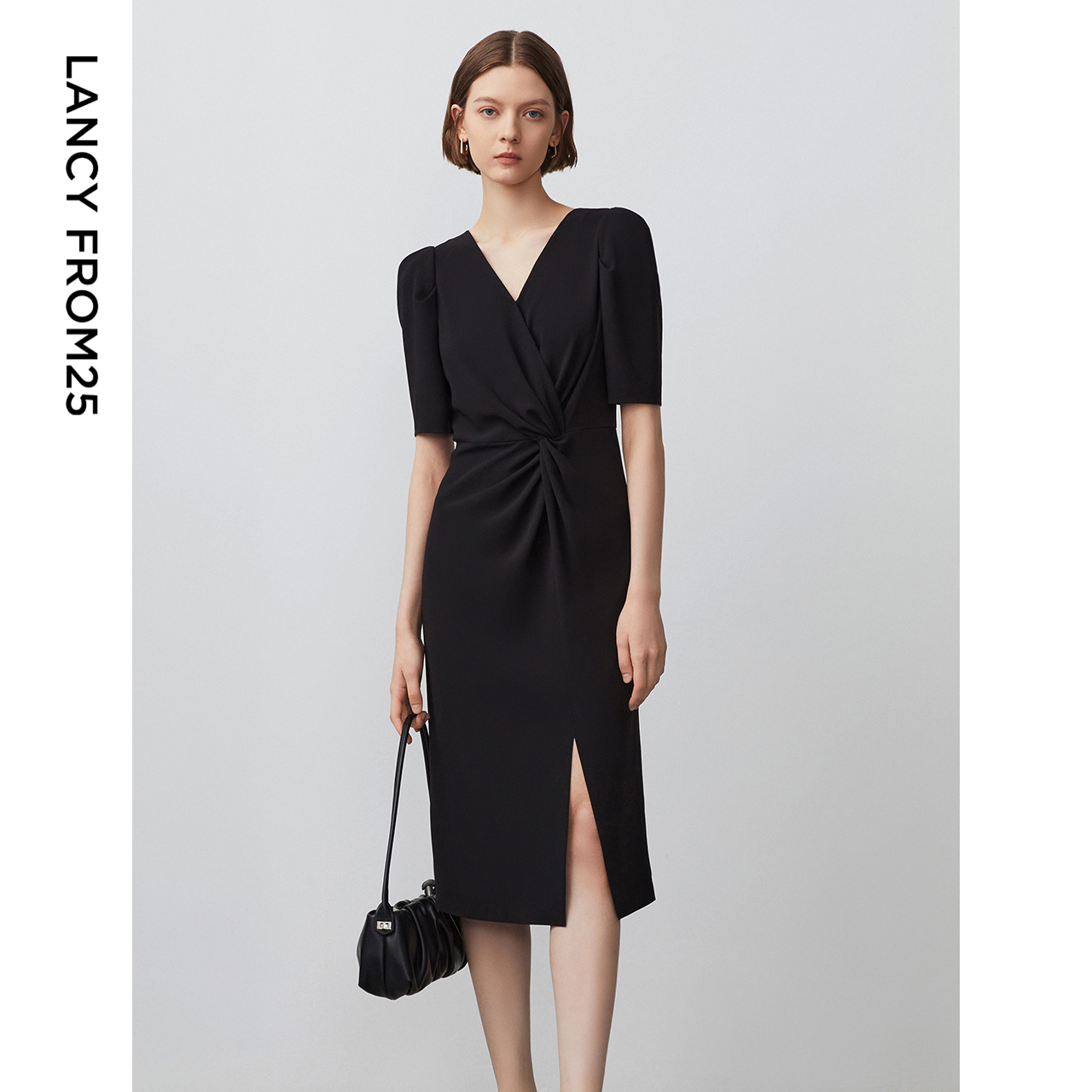 气质V领 扭结收腰 复古泡泡袖