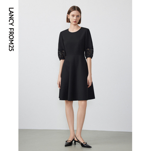 黑色镂空连衣裙 新款 朗姿法式 复古收腰气质蕾丝小黑裙女2024年春季