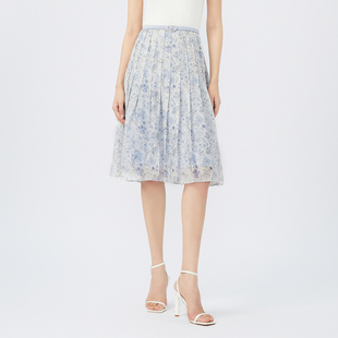 LANCY 朗姿奥莱 真丝 高腰显瘦A字百褶印花半身裙子 朗姿夏季