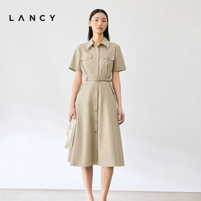 [朗姿奥莱]LANCY/朗姿2024夏季新款短袖纯棉法式修身衬衫连衣裙女