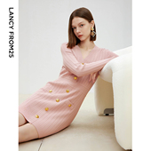 朗姿小香风针织连衣裙双色v领收腰包臀裙2025年春季 朗姿奥莱 新