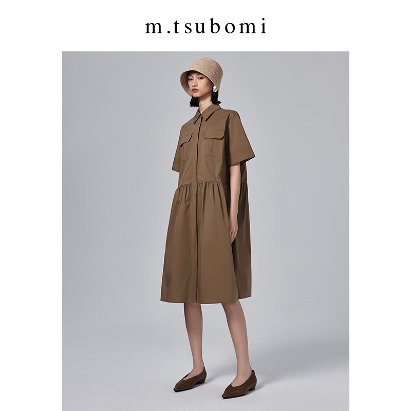 子苞米2023夏新款衬衫领连衣裙女中长款高腰宽松休闲设计感a字裙