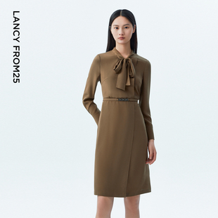 朗姿2023秋季 LANCY 新款 长袖 飘带连衣裙子女 纯色中长款 真丝