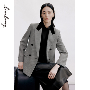 LANCY/朗姿2024秋季新款绵羊毛大翻领细格子西装外套女中长款西服