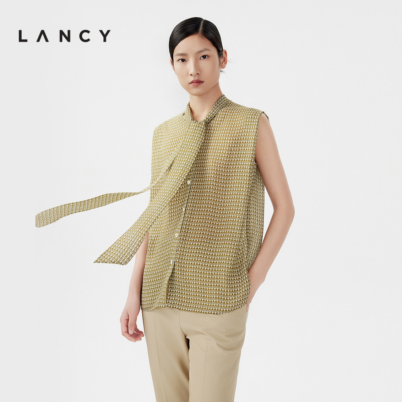 [朗姿奥莱]LANCY/朗姿2024夏季桑蚕丝印花无袖飘带衬衫气质真丝领图片