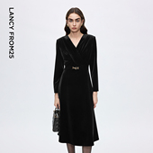 朗姿丝绒V领收腰A字赫本风礼服裙优雅显瘦连衣裙女2025年冬季 新款