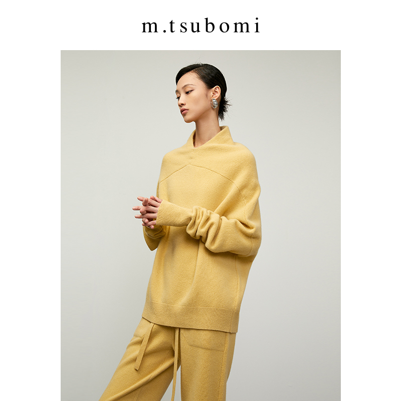 子苞米宽松绵羊毛针织套头衫2023冬新款半高领落肩袖设计感上衣女