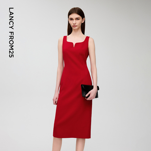 朗姿三醋酸收腰红色气质吊带裙通勤风高级感2025年夏季新款连衣裙