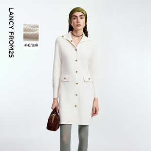 朗姿羊毛亚麻翻领针织连衣裙设计感气质a字通勤裙2025年秋季新款