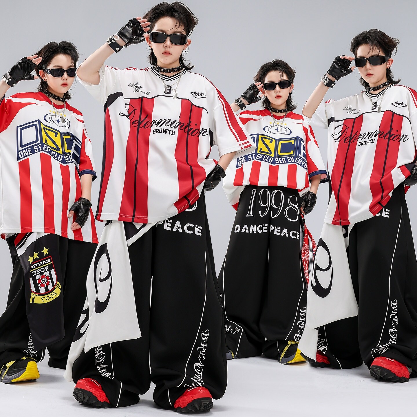 hiphop街舞童装套装黑红酷帅演出服走秀黑蓝短袖表演服男孩条纹