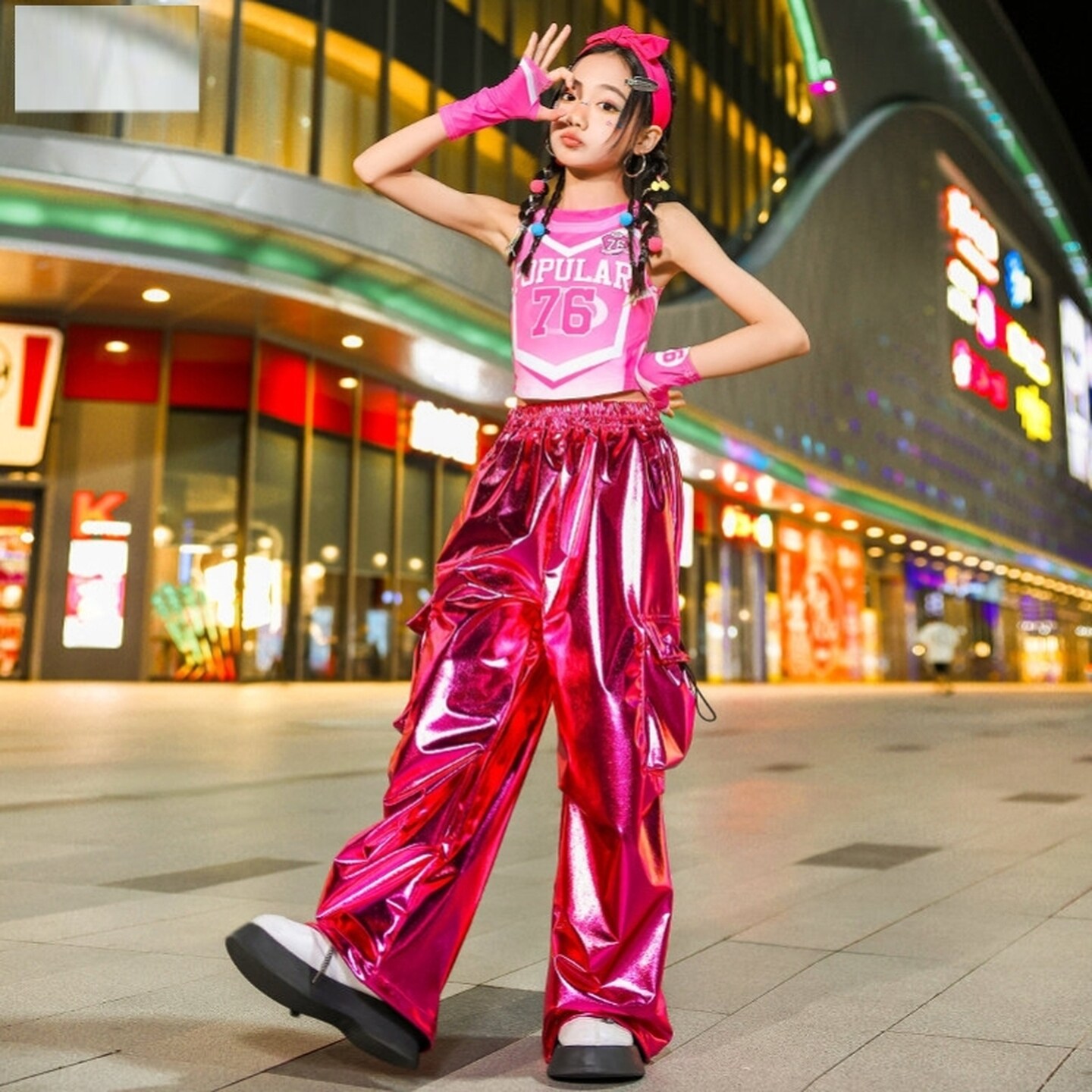 街舞服女童背心银色黑白粉色表演服古风条纹蓬蓬裙套装金色做皱
