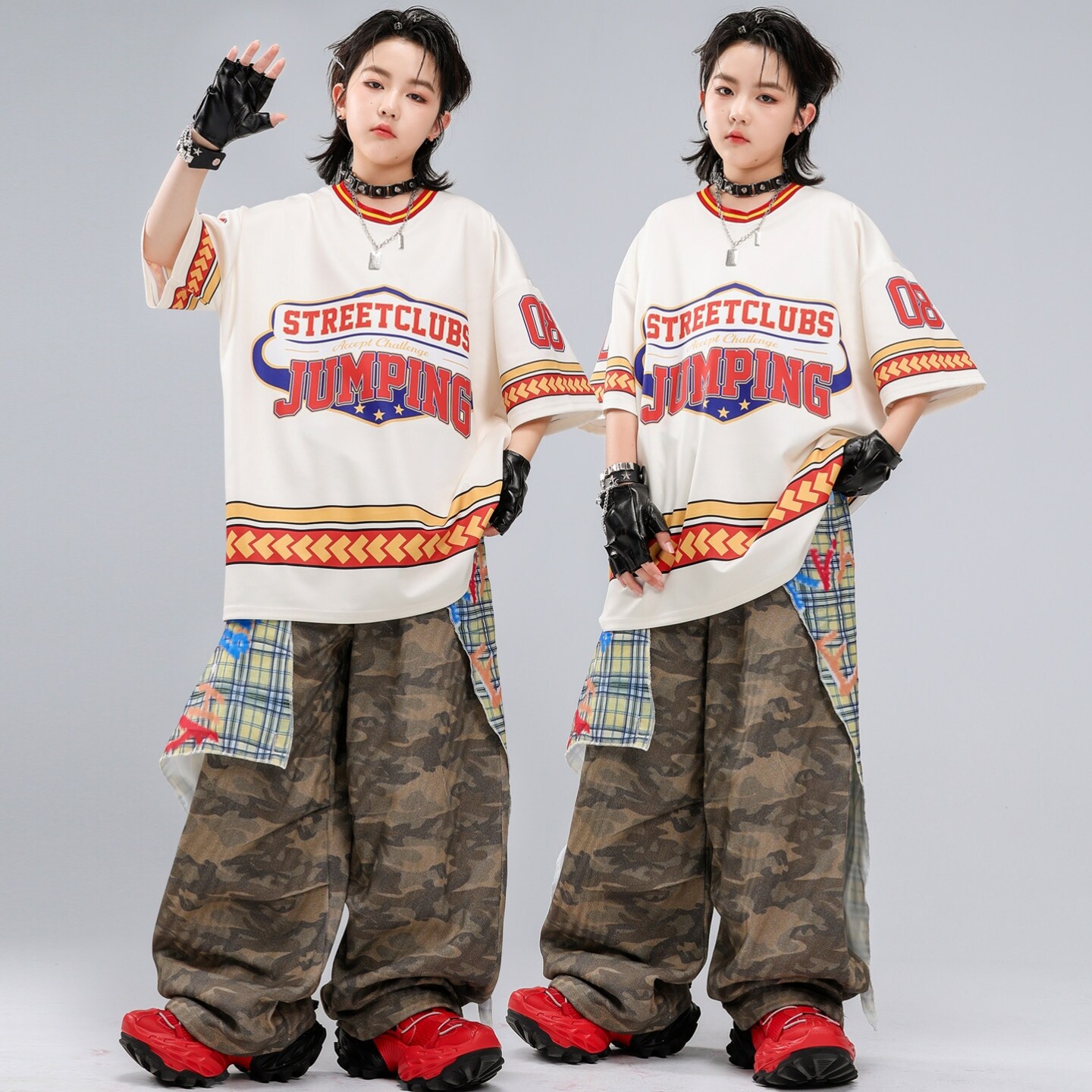 儿童街舞服男孩短袖表演服装潮牌蓝色条纹演出服红白少儿套装嘻哈