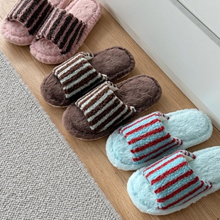 居家室内条纹撞色毛绒透气防滑静音 春秋四季 开口棉拖鞋 女2026新款