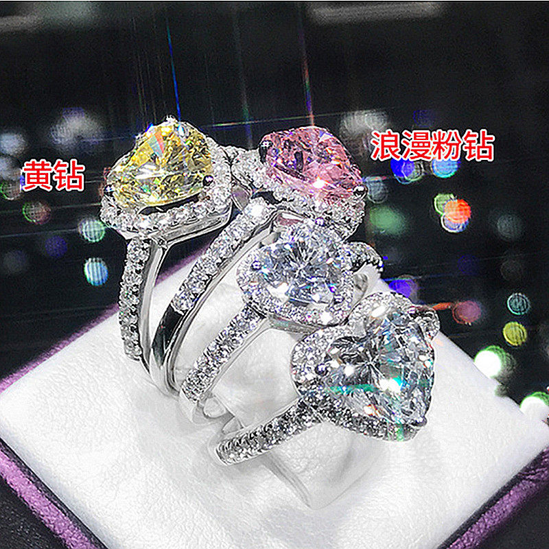 PT950铂金美国进口D色莫桑石爱心戒指简约纯银浪漫粉钻群镶钻戒