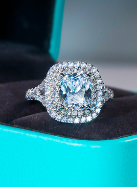 PT950铂金群镶莫桑石3克拉双层方形戒指纯银方包奢华钻戒指环时尚