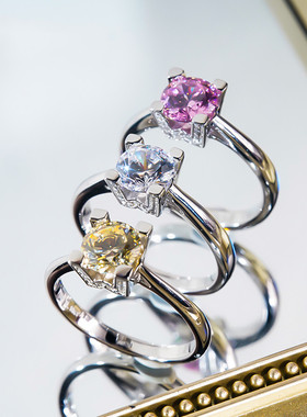 PT950铂金美国进口D色莫桑石群镶粉钻WH字母戒指纯银黄钻百搭钻戒