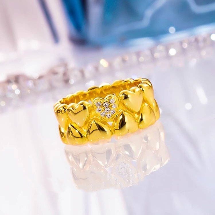 AU750黄金D色莫桑石微镶爱心戒指18K金双排时尚简约指环纯银精致