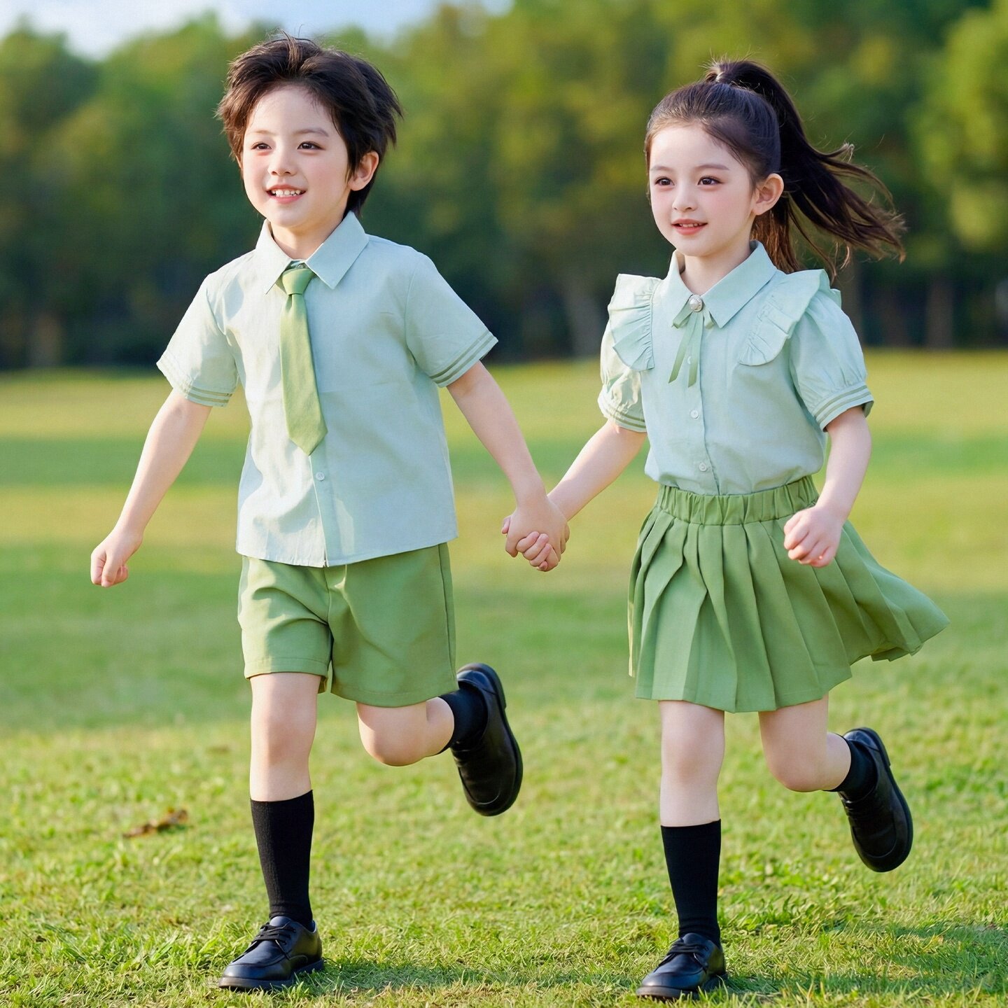 小学生校服礼服套装中小学生条纹合唱啦啦队毕业照女童短袖大班