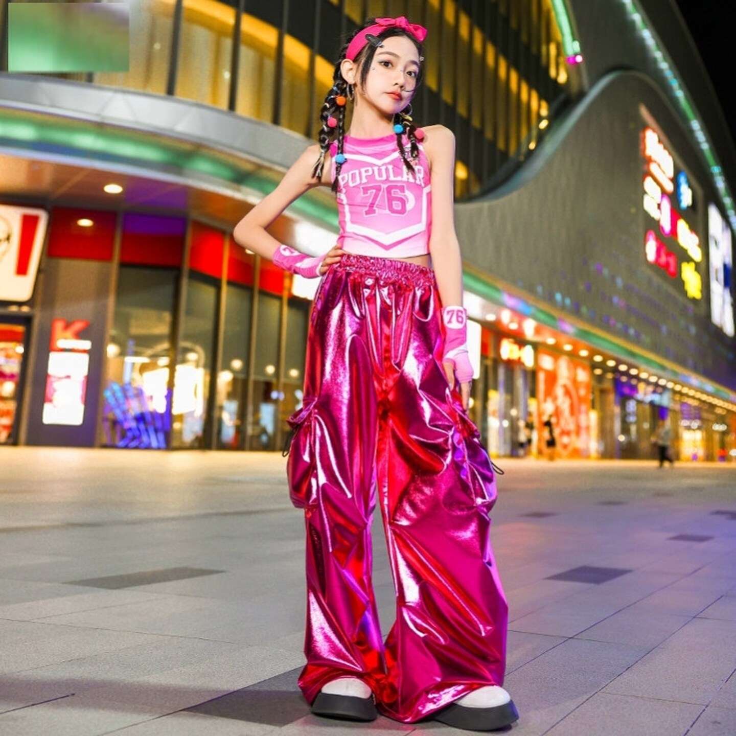 hiphop街舞童装夏天红色马甲黄色露背黑银条纹上衣走秀军绿银色