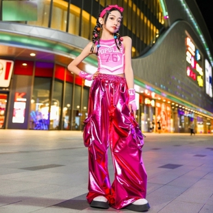 hiphop街舞童装夏天红色马甲黄色露背黑银条纹上衣走秀军绿银色