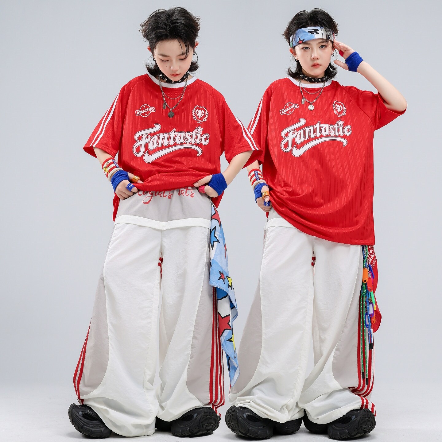 儿童街舞潮服男童hiphop演出服酷帅架子鼓嘻哈短袖炸街走秀红白