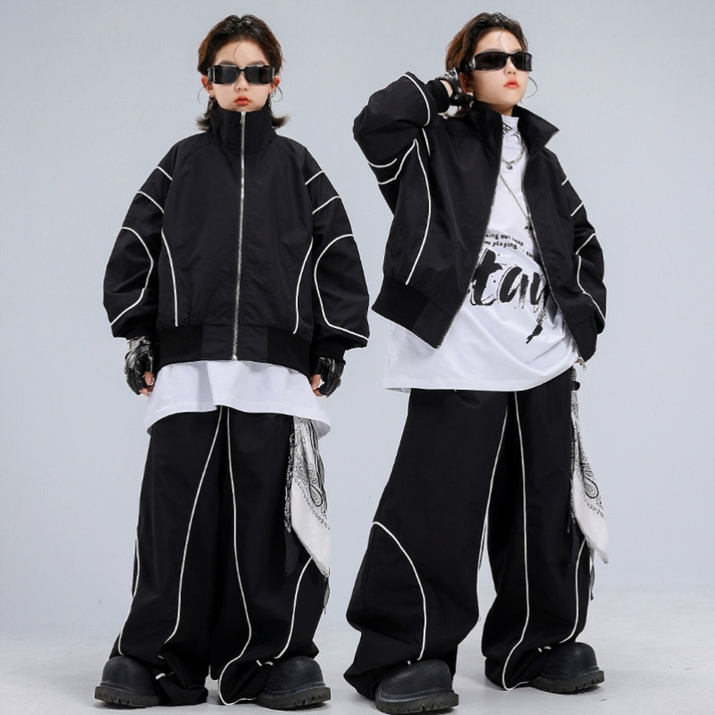 街舞服女童童装黑皮舞蹈服皮衣潮牌中国风格子字母条纹表演服装
