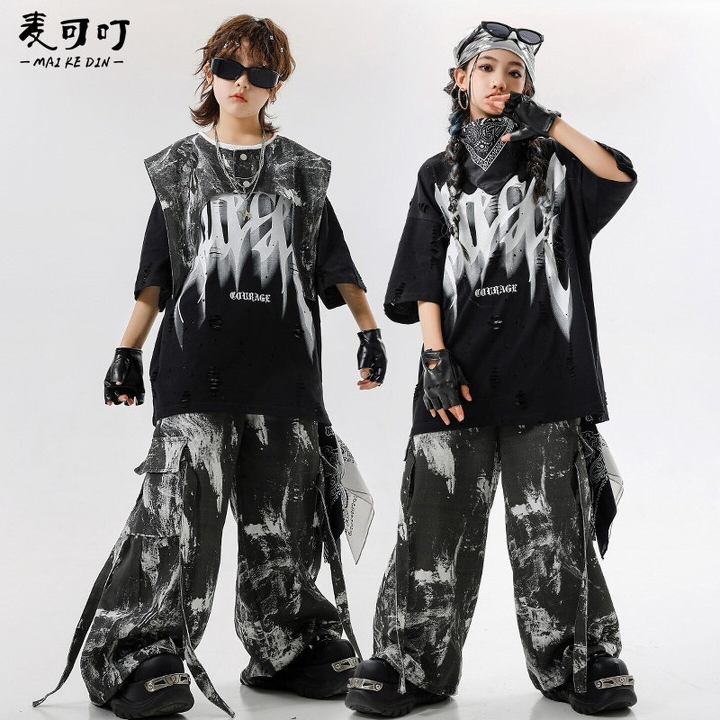 街舞儿童潮服hiphop演出服潮牌男孩宽松炸街夏天衬衫架子鼓黑白