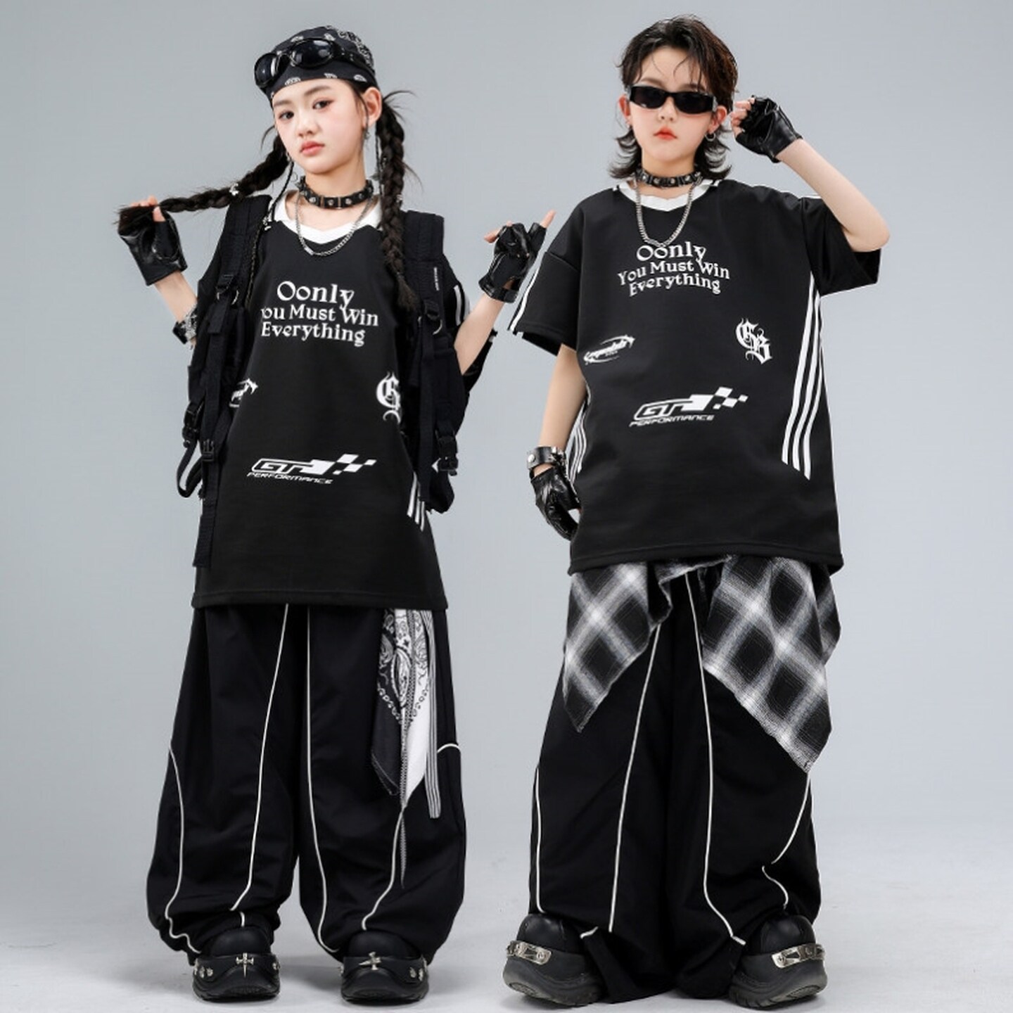 嘻哈街舞服儿童黑白条纹潮牌男孩黑红短袖少儿女童潮服亮皮走秀