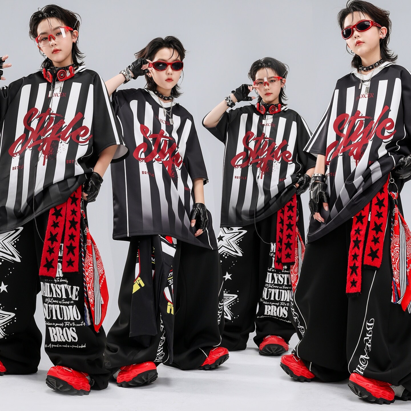 hiphop街舞童装潮装宽松女童演出服破洞红白短袖男童马甲走秀皮衣