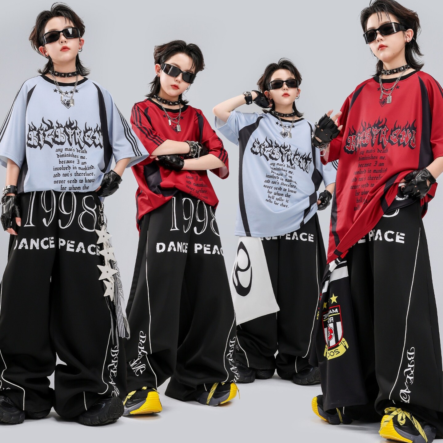 hiphop街舞儿童潮服酷帅表演服蓝色男童套装条纹表演服装红白字母