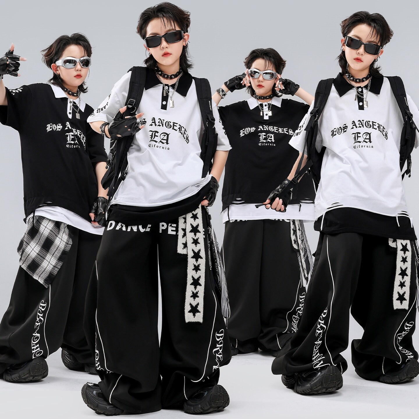 儿童街舞潮服男童hiphop演出服酷帅短袖潮牌红白黑蓝少儿女童条纹