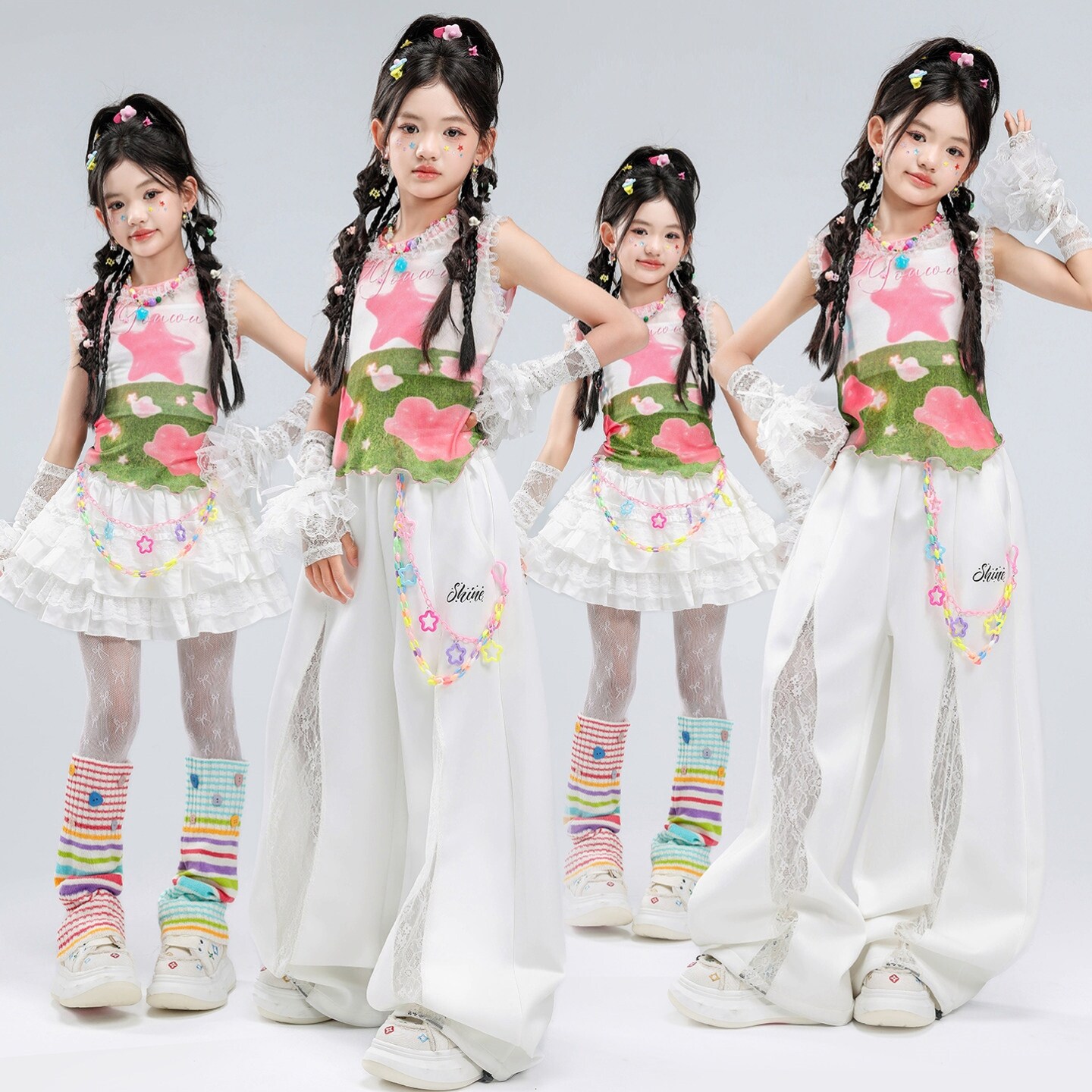 街舞儿童潮服hiphop演出服女团皮裤长袖辣妹网纱蝴蝶结毛毛亮钻