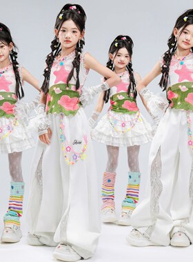 街舞儿童潮服hiphop演出服女团皮裤长袖辣妹网纱蝴蝶结毛毛亮钻